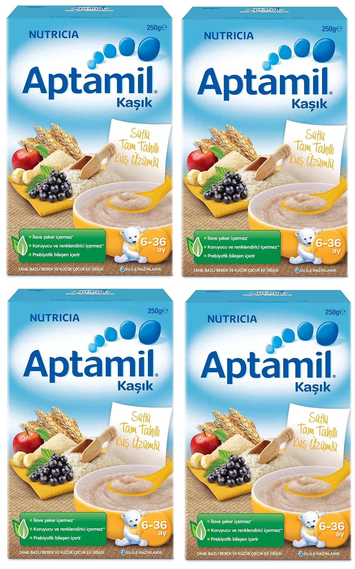Aptamil Sütlü Tam Tahıllı Kuş Üzümlü Kaşık Maması 250 gr.(4 Adet)