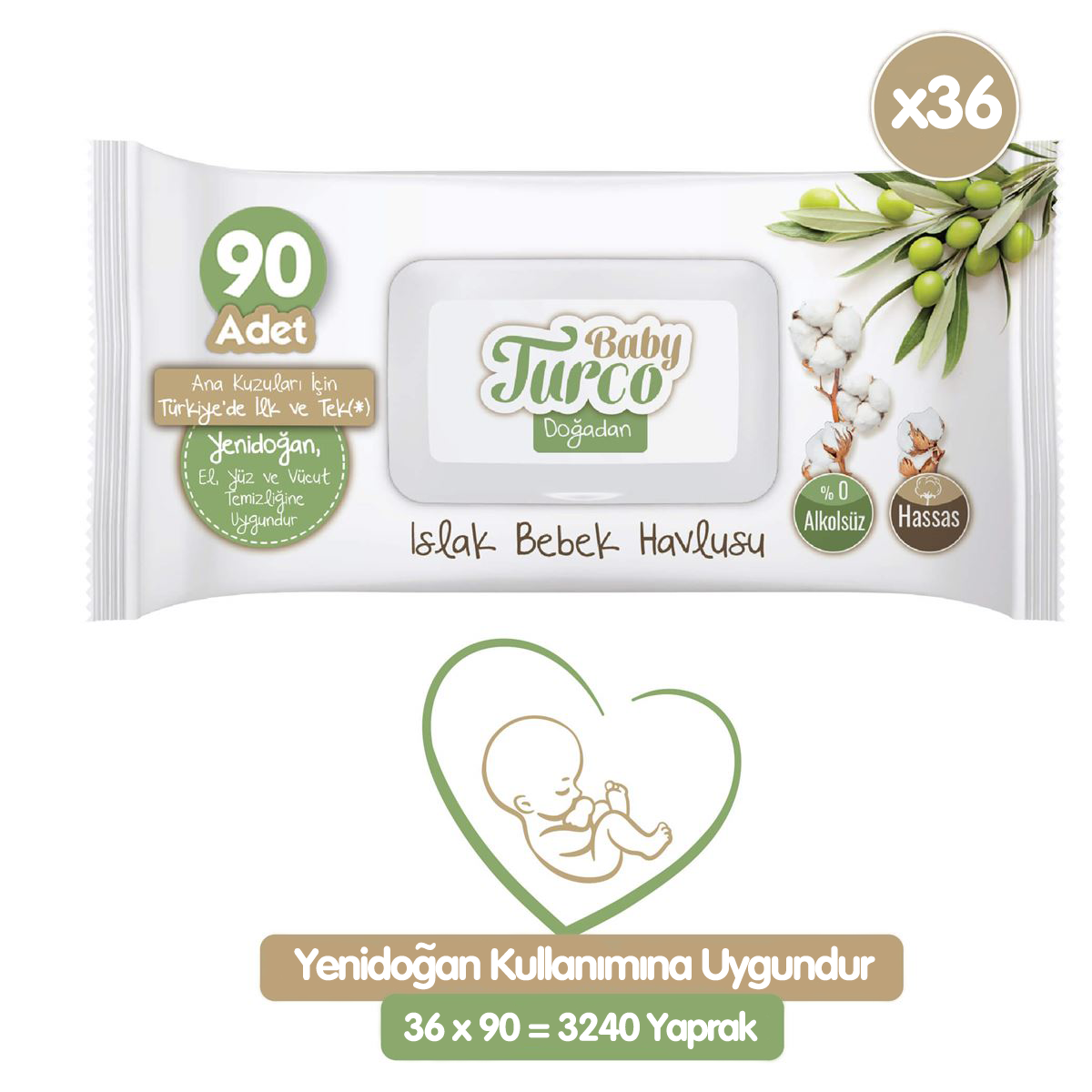 Baby Turco Doğadan Yenidoğan Islak Havlu Mendil 90x36 3240 Yaprak