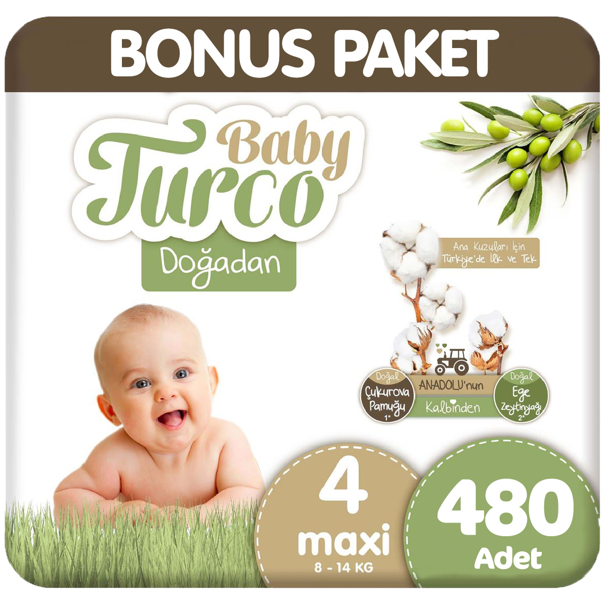 Baby Turco 4 Beden Doğadan Bebek Bezi Bonus Paket 120x4 480 Adet