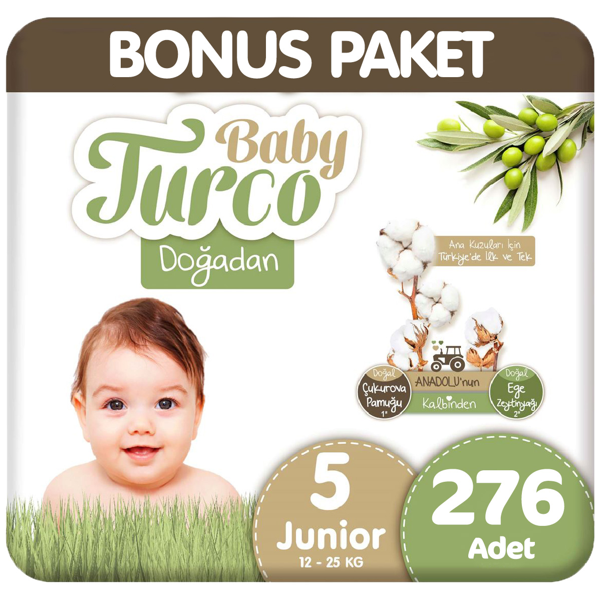 Baby Turco 5 Beden Doğadan Bebek Bezi Bonus Paket 92x3 276 Adet