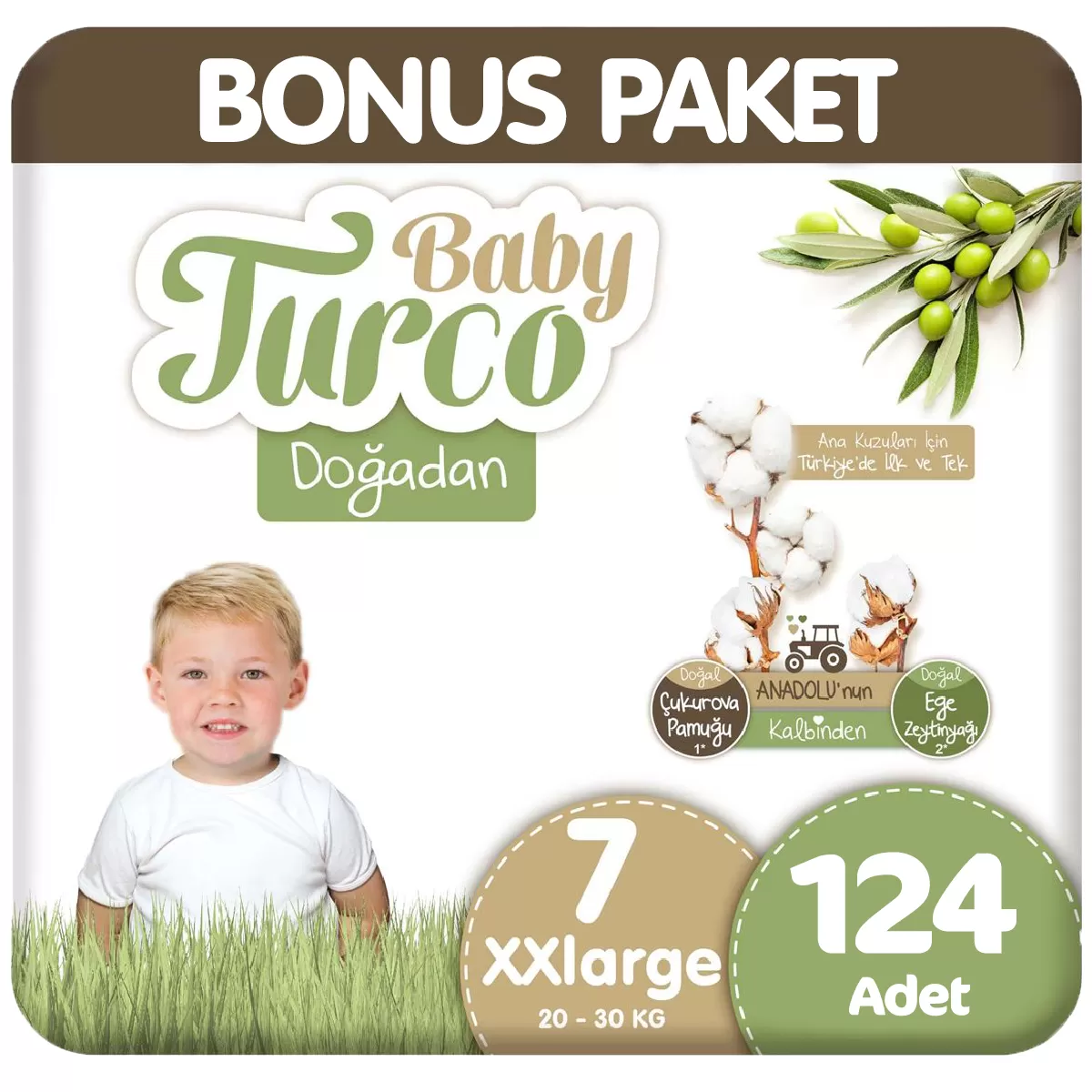 Baby Turco Doğadan Bonus Paket Bebek Bezi 7 Beden 62x2 124 Adet