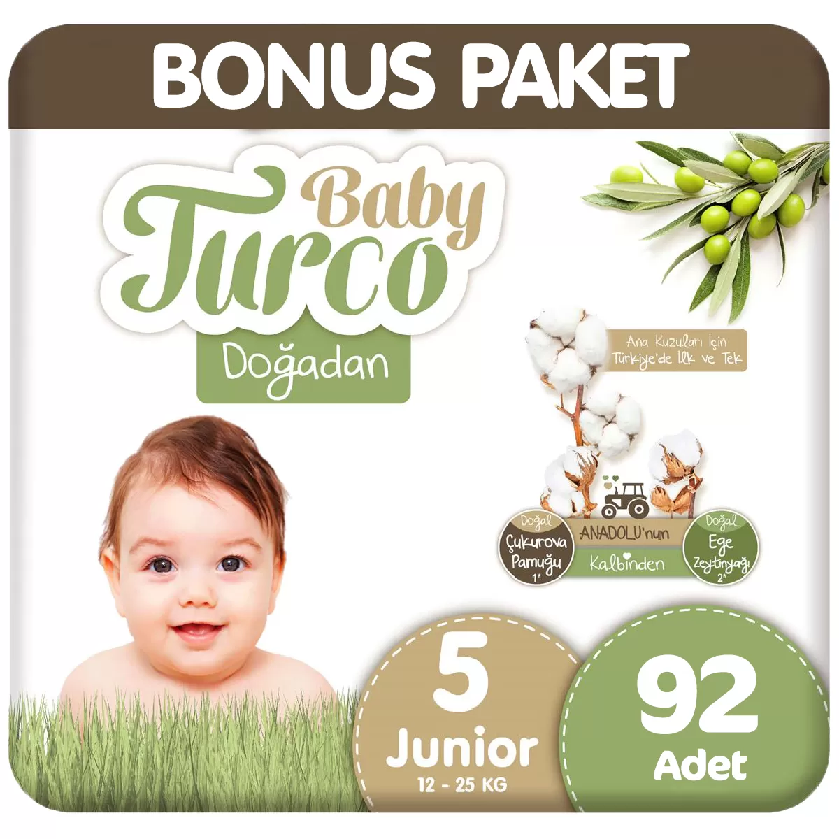 Baby Turco Doğadan Bonus Paket Bebek Bezi 5 Beden 92 Adet