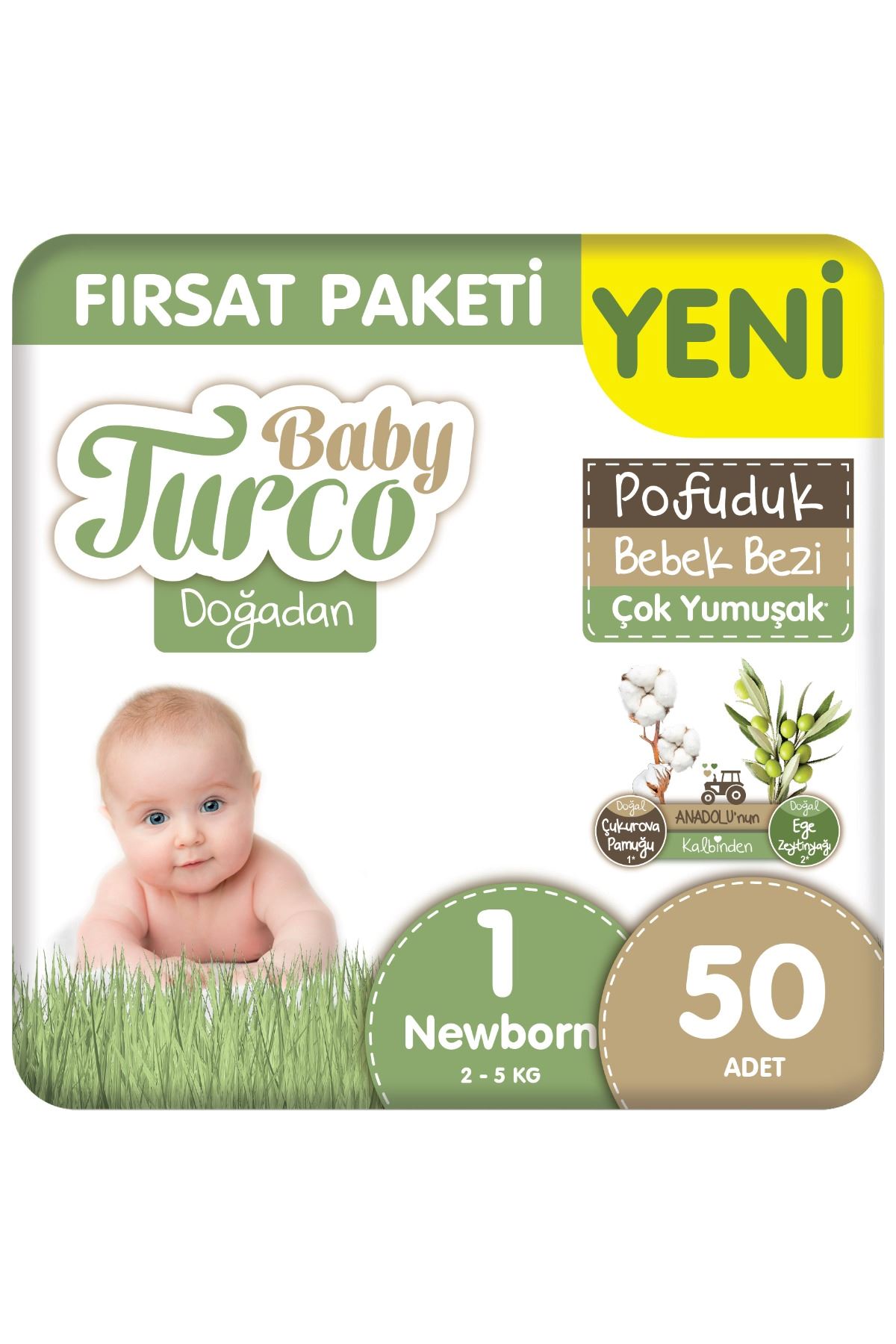 Baby Turco Doğadan 1 Beden Bebek Bezi Fırsat Paketi Pofuduk 50 Adet
