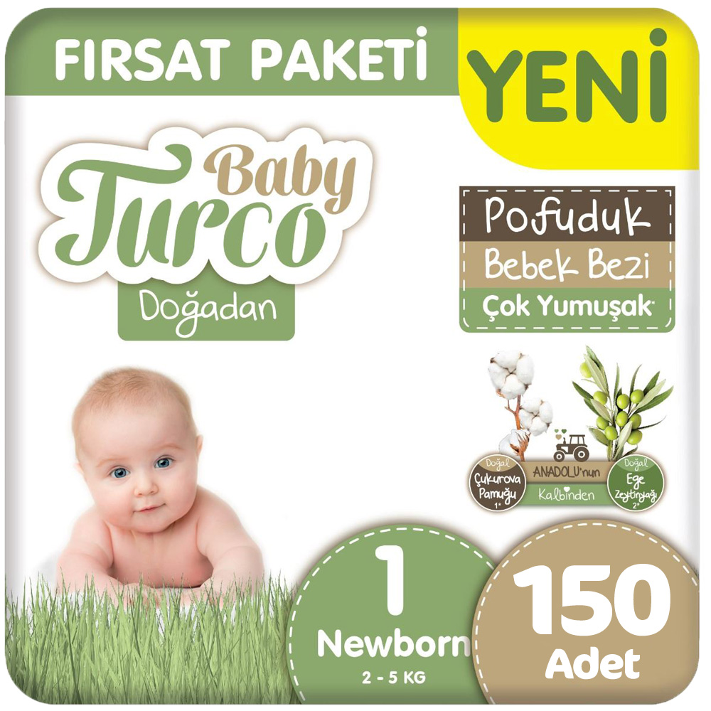 Baby Turco Doğadan 1 Beden Bebek Bezi Fırsat Paketi Pofuduk 50x3 150 Adet