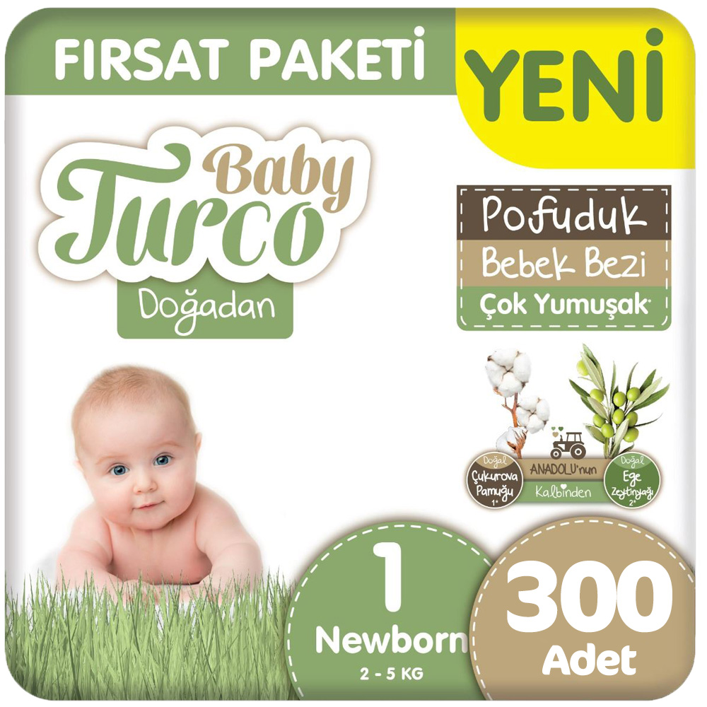 Baby Turco Doğadan 1 Beden Bebek Bezi Fırsat Paketi Pofuduk 50x6 300 Adet