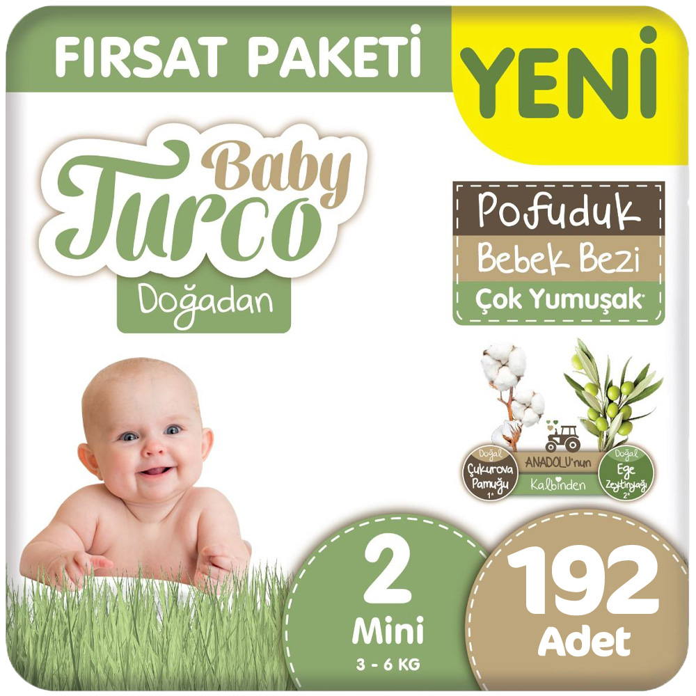Baby Turco Doğadan 2 Beden Bebek Bezi Fırsat Paketi Pofuduk 48x4 192 Adet