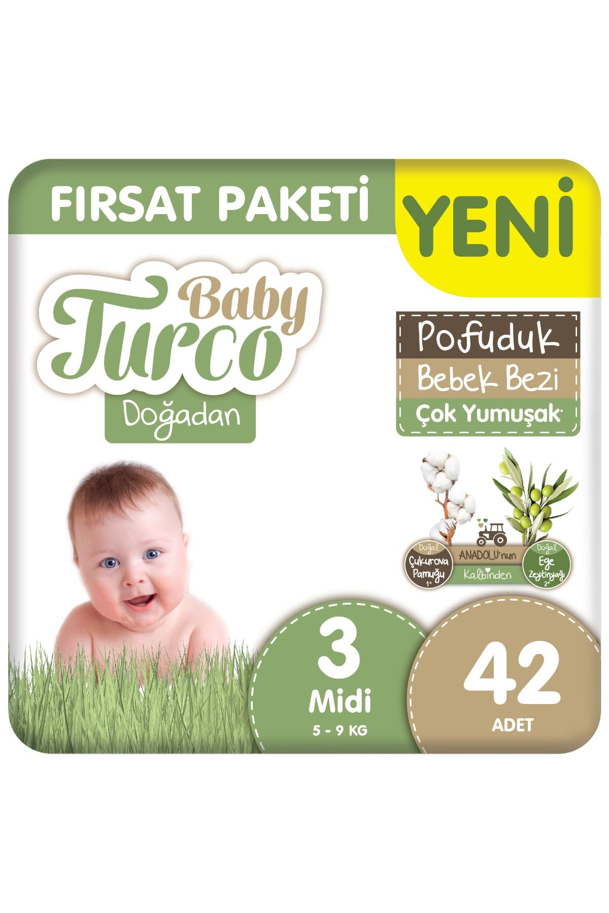 Baby Turco Doğadan 3 Beden Bebek Bezi Fırsat Paketi Pofuduk 42 Adet