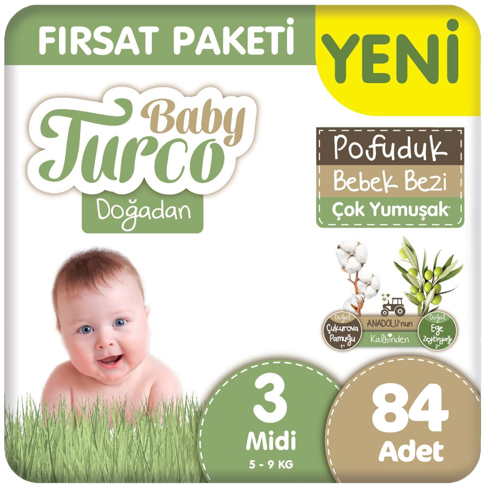 Baby Turco Doğadan 3 Beden Bebek Bezi Fırsat Paketi Pofuduk 42x2 84 Adet