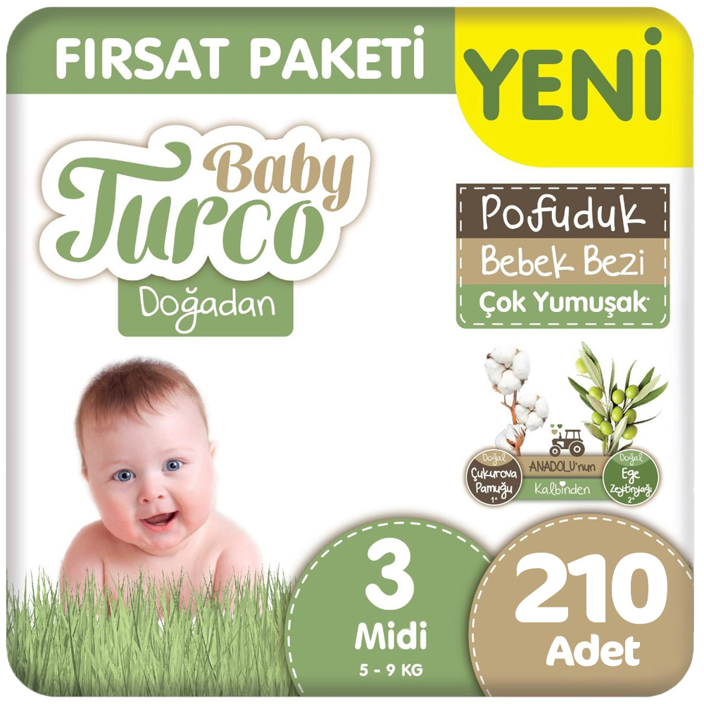 Baby Turco Doğadan 3 Beden Bebek Bezi Fırsat Paketi Pofuduk 42x5 210 Adet