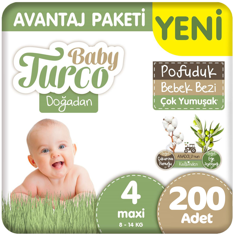Baby Turco Doğadan 4 Beden Bebek Bezi Avantaj Paketi Pofuduk 100x2 200 Adet