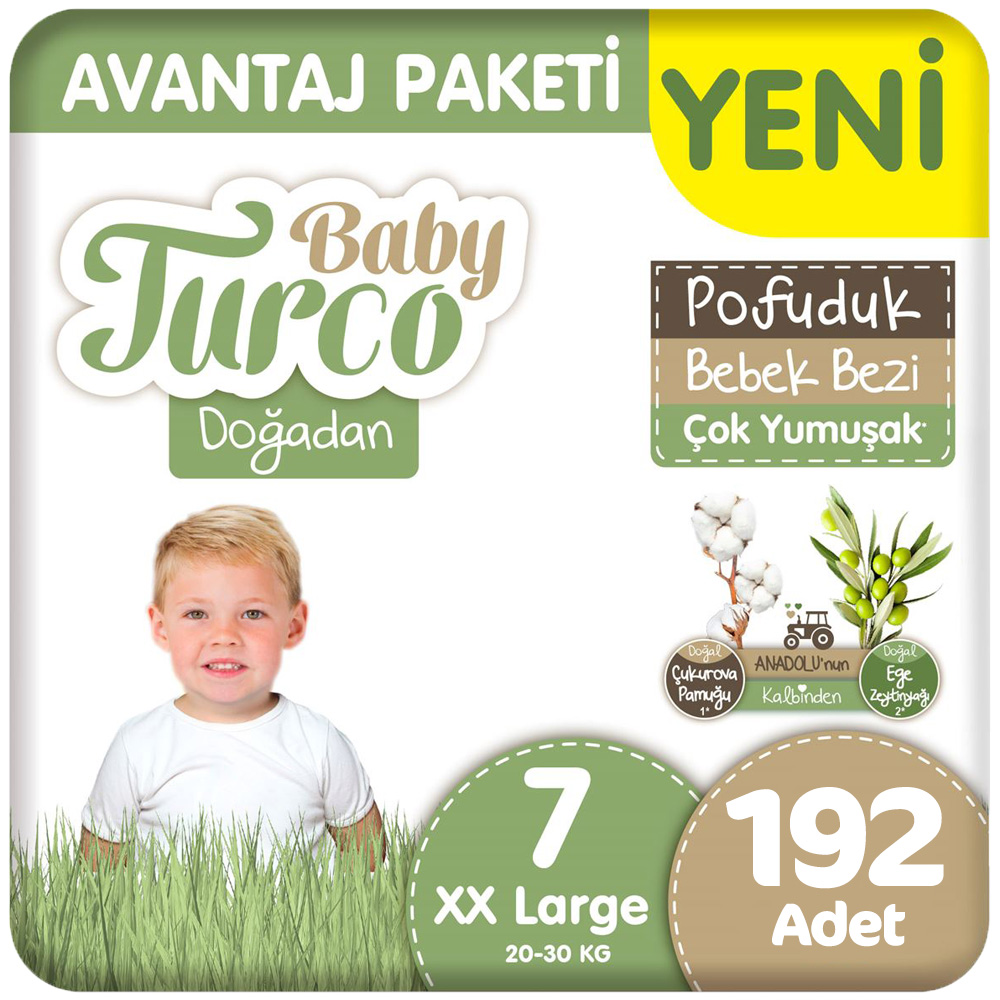 Baby Turco Doğadan 7 Beden Bebek Bezi Avantaj Paketi Pofuduk 48x4 192 Adet