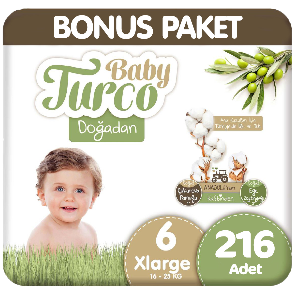 Baby Turco 6 Beden Doğadan Bebek Bezi Bonus Paket 72x3 216 Adet