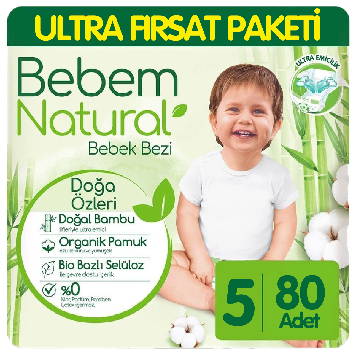 Bebem Natural Bebek Bezi Ultra Fırsat Paketi 5 Beden 80 Adet