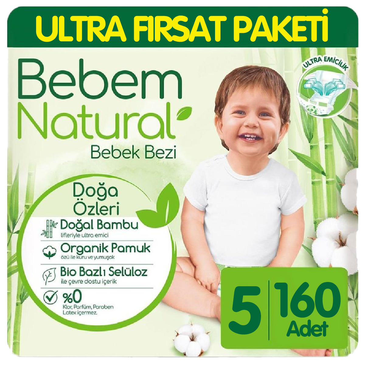 Bebem Natural Bebek Bezi Ultra Fırsat Paketi 5 Beden 80x2 160 Adet