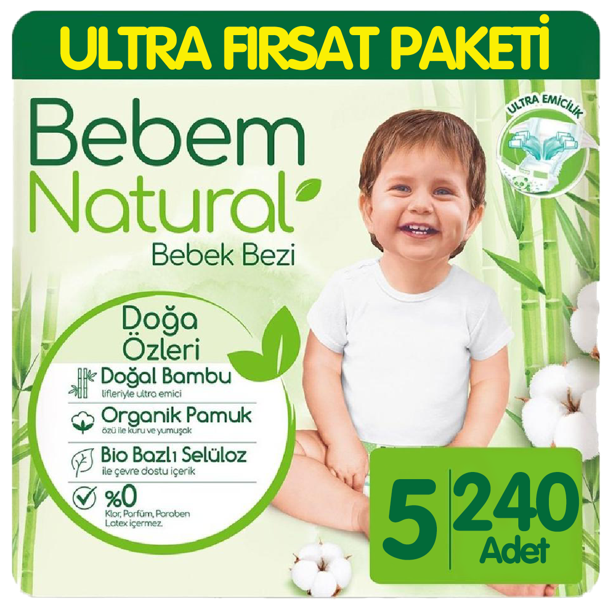 Bebem Natural Bebek Bezi Ultra Fırsat Paketi 5 Beden 80x3 240 Adet