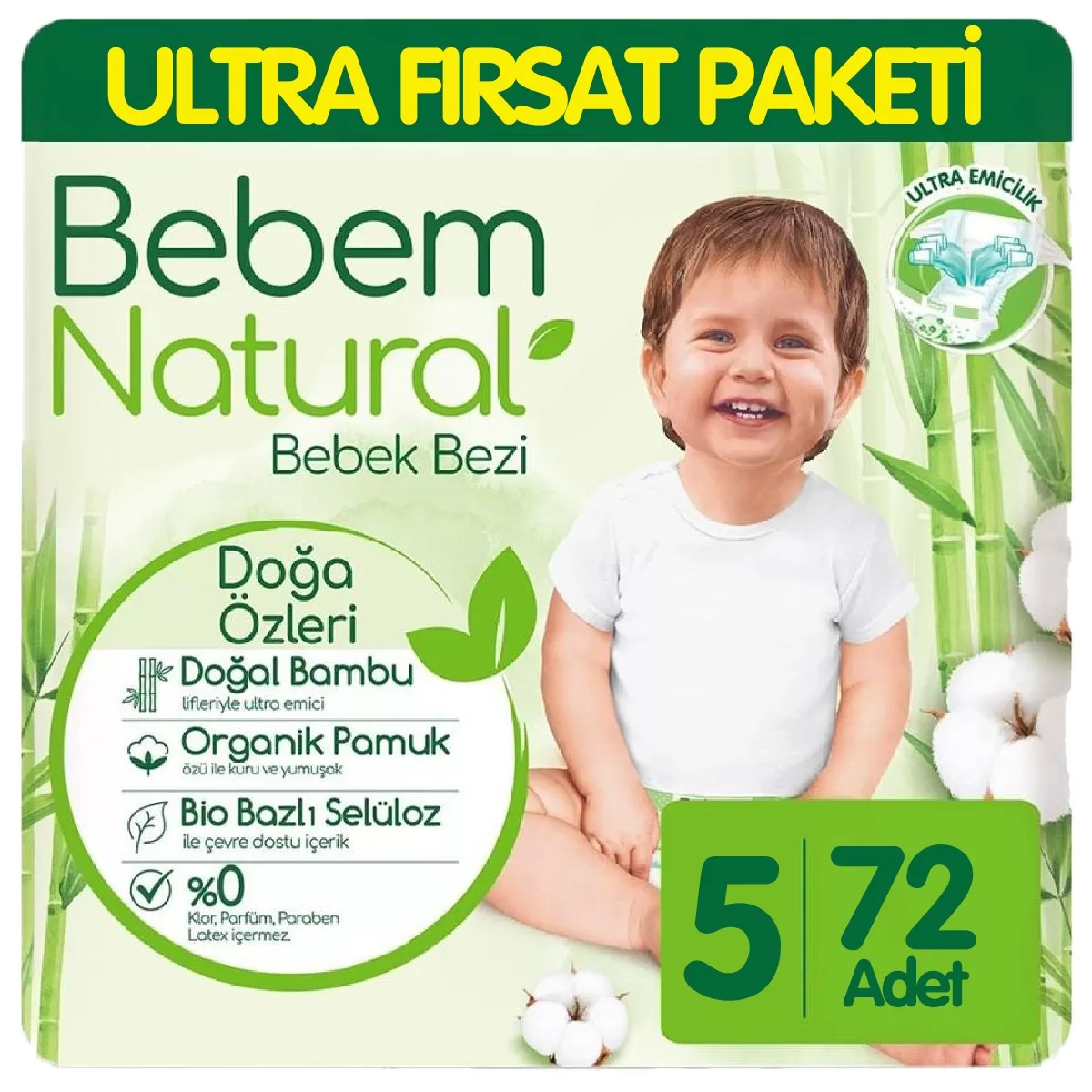 Bebem Natural Bebek Bezi Ultra Fırsat Paketi 5 Beden 72 Adet