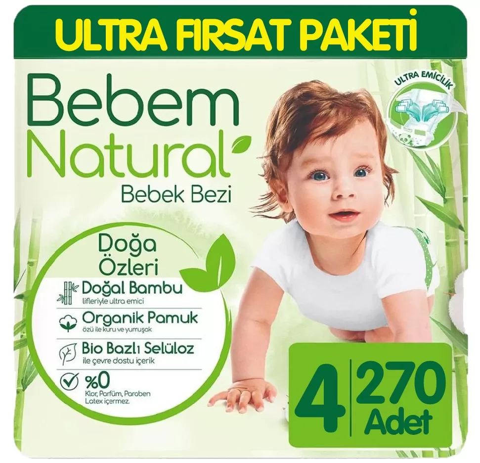 Bebem Natural Bebek Bezi Ultra Fırsat Paketi 4 Beden 90x3 270 Adet