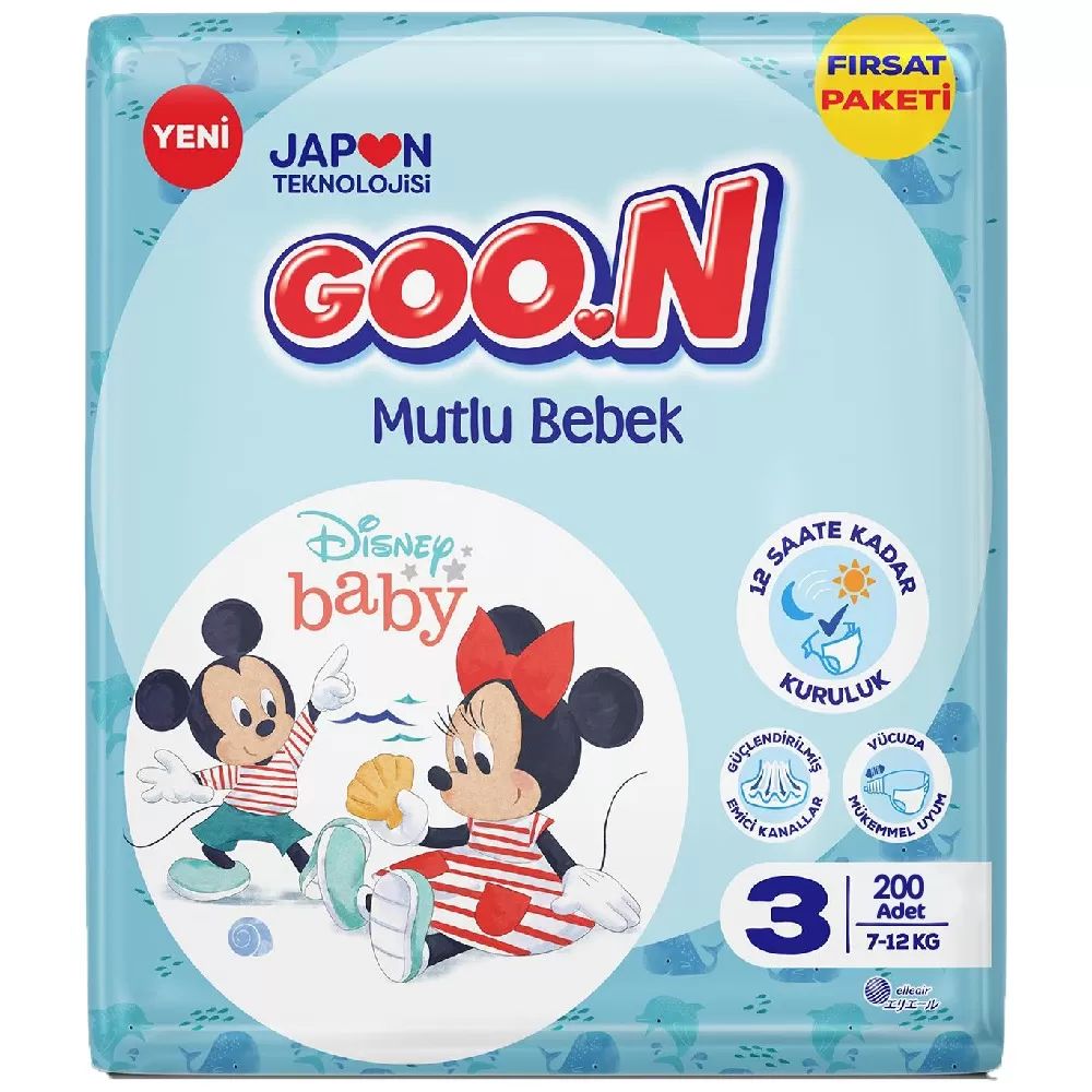 Goon Bebek Bezi Mutlu Bebek 3 Numara 7-12 kg Aylık Fırsat Paketi 200 Adet Goon Bebek Bezi Mutlu Bebek 3 Numara 7-12 kg Aylık Fırsat Paketi 200 Adet