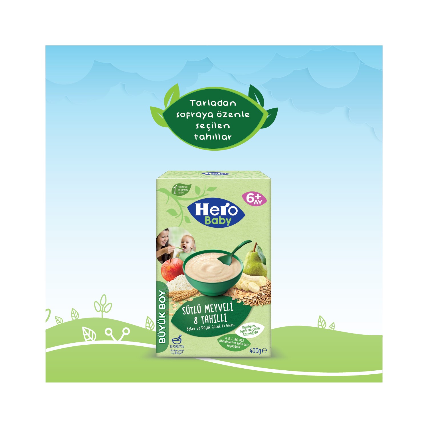 Hero Baby Sütlü Meyveli 8 Tahıllı Kaşık Mama 400 gr 4'lü Paket