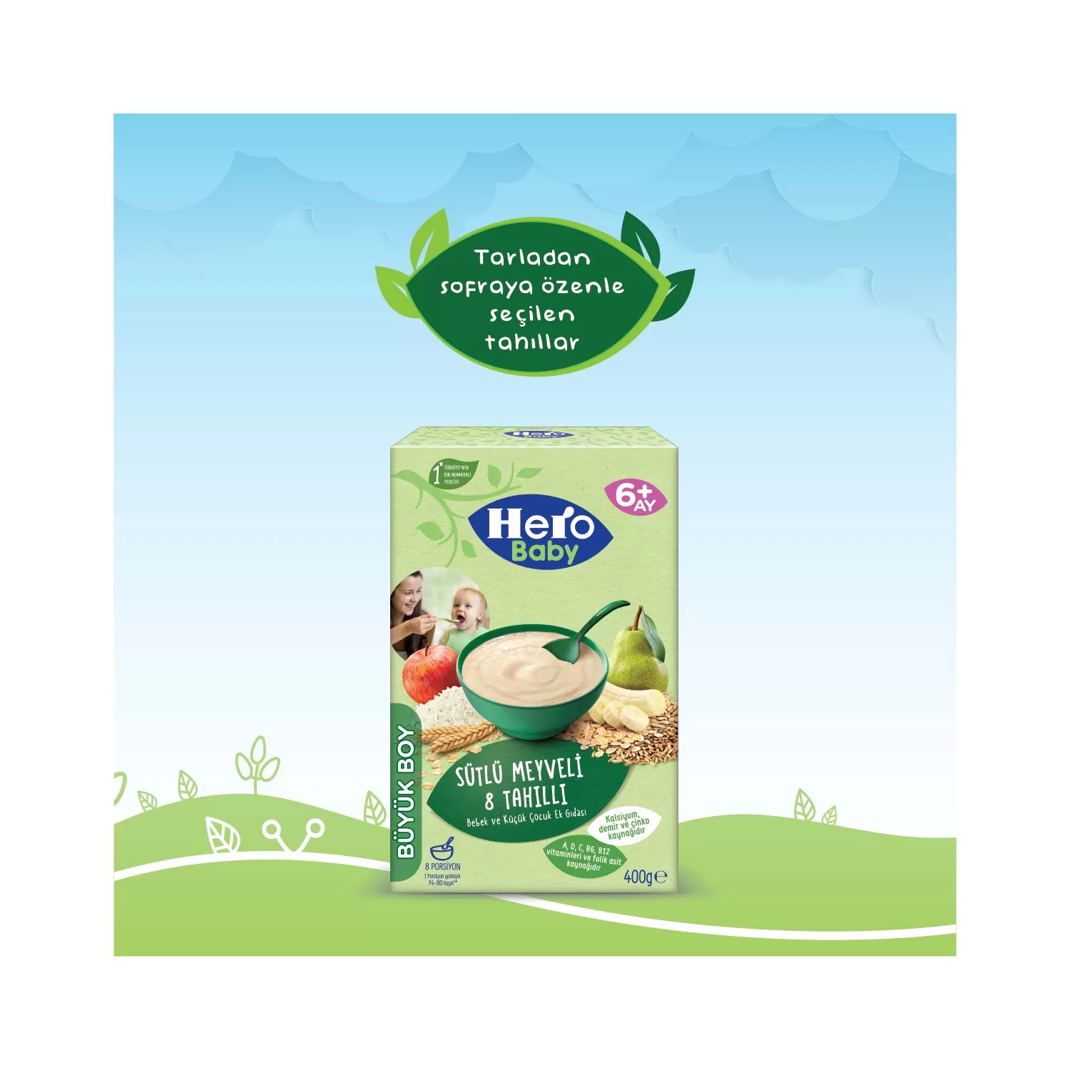 Hero Baby Sütlü Meyveli 8 Tahıllı Kaşık Mama 400 gr 3'lü Paket