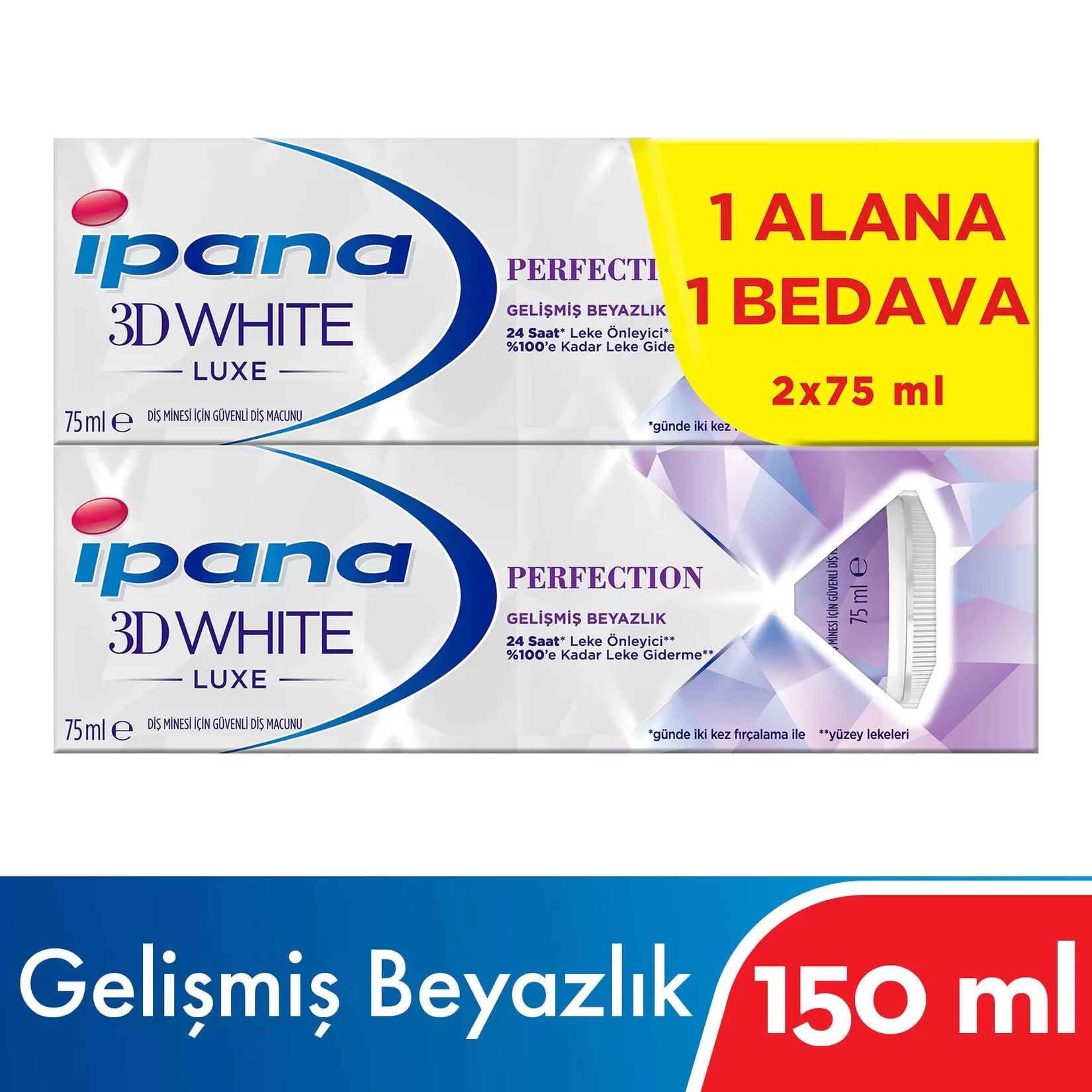 İpana 3D White Luxe Perfection Diş Macunu 1 Alana 1 Bedava Paketi 8x75 ml