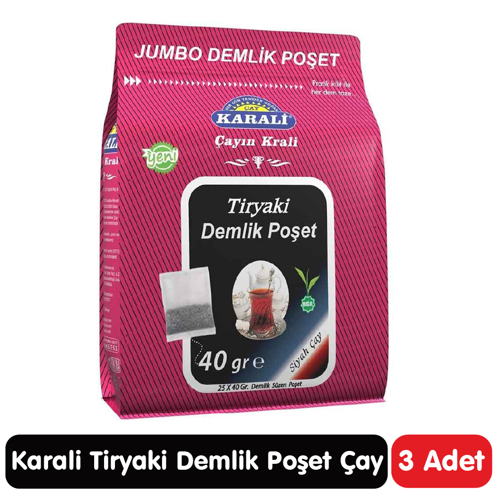 Karali Tiryaki Jumbo Demlik Poşet Siyah Çay 25*40 gr 3 Paket