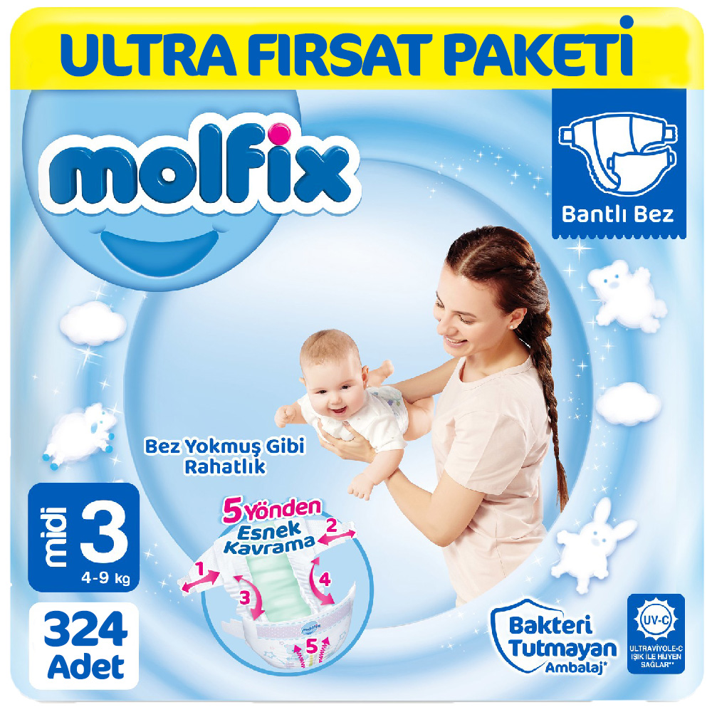 Molfix 3 Beden Bebek Bezi Ultra Fırsat Paketi 108x3 324 Adet