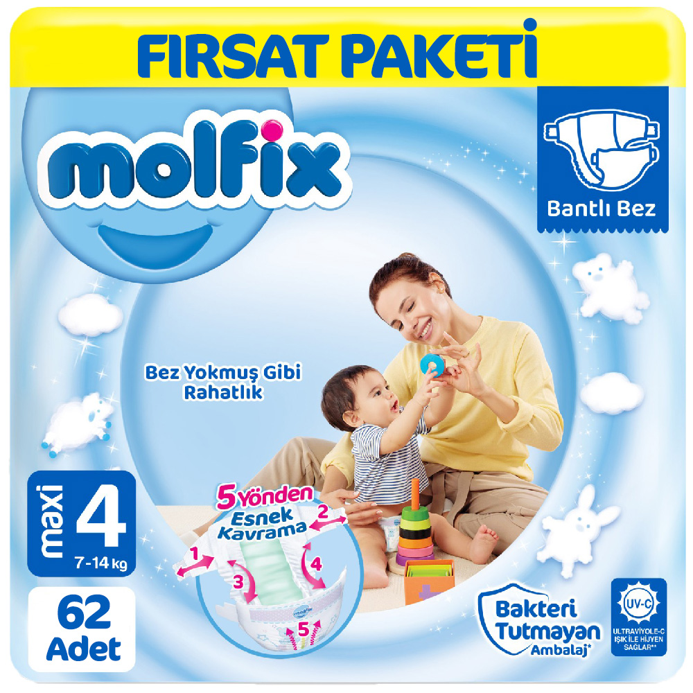 Molfix 4 Beden Bebek Bezi Fırsat Paketi 62 Adet