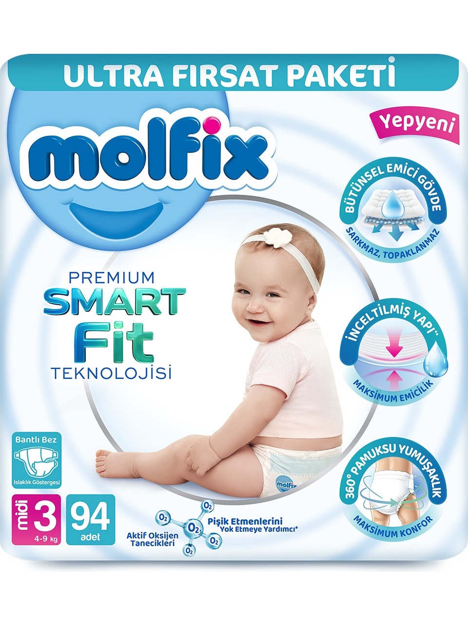 Molfix Premium Smart Fit 3 Beden Bebek Bezi Ultra Fırsat Paketi 94 Adet