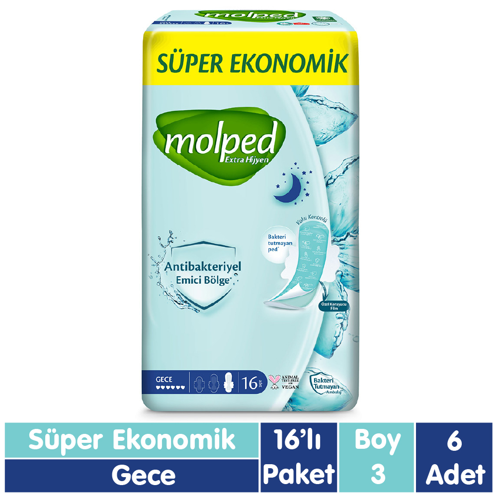 Molped Süper Ekonomik Antibakteriyel Ped Gece 16x6 96 Adet