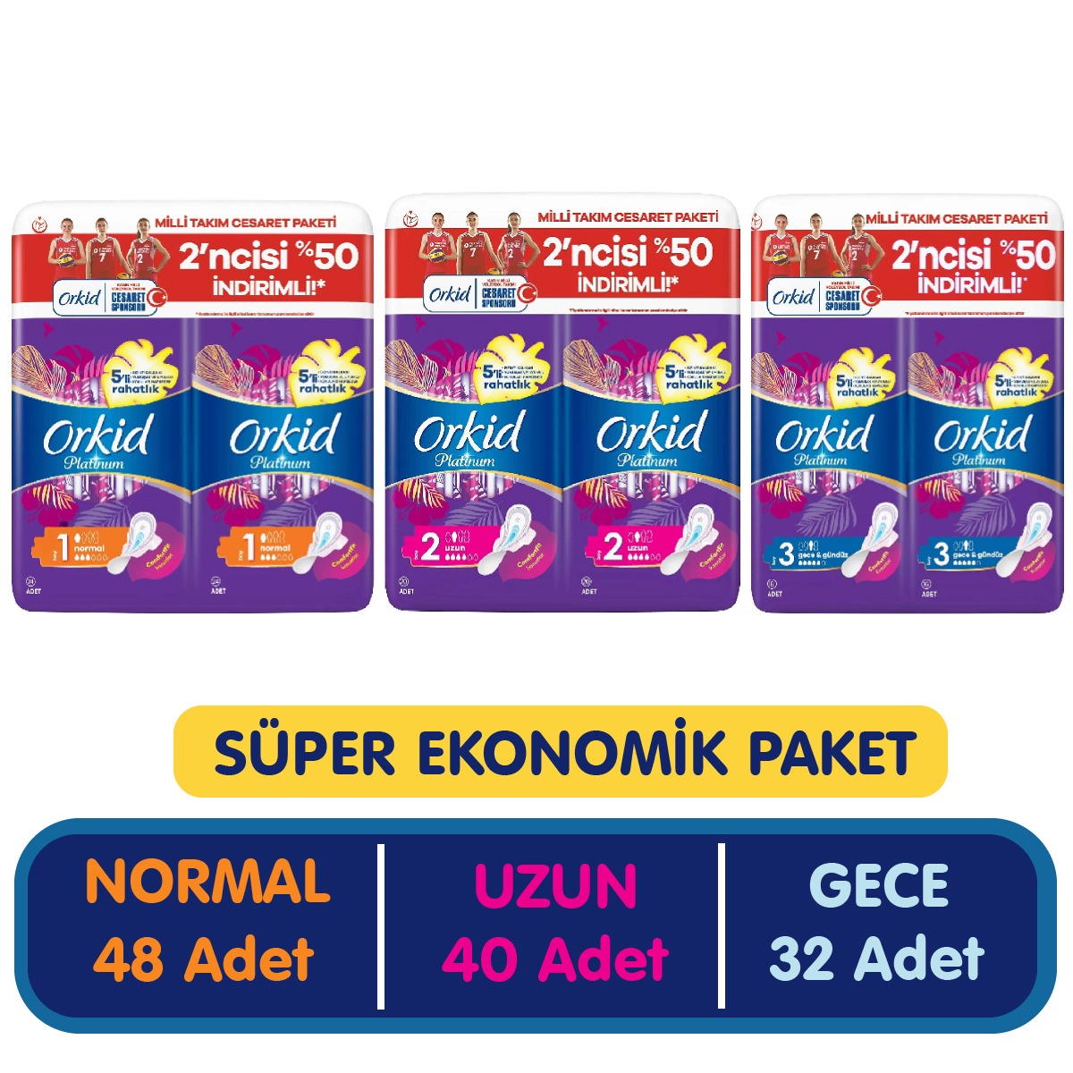 Orkid Platinum Normal + Uzun + Gece Ped 120 Adet