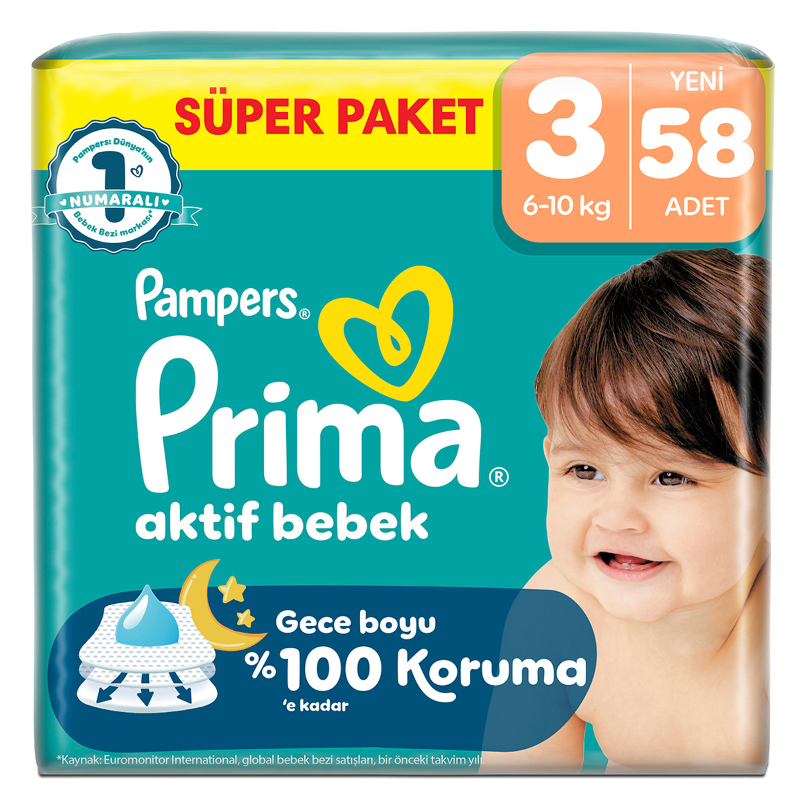 Prima 3 Beden Aktif Bebek Bezi Süper Paket 58 Adet