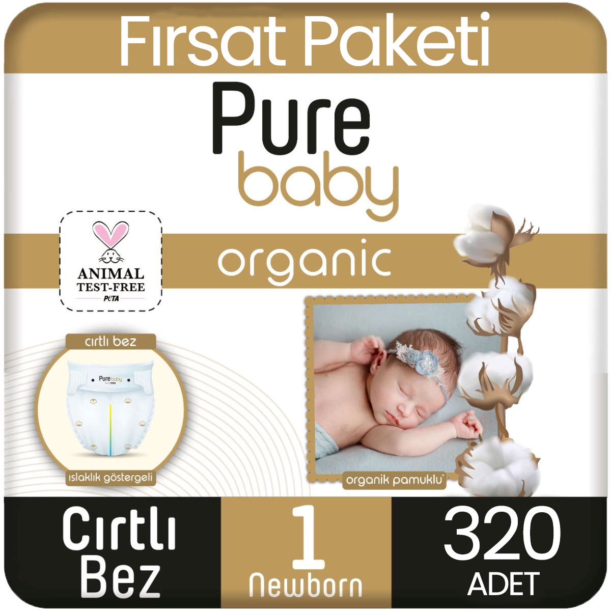 Pure Baby Organik Pamuklu Bebek Bezi 1 Beden Yenidogan 64*5 320 Adet