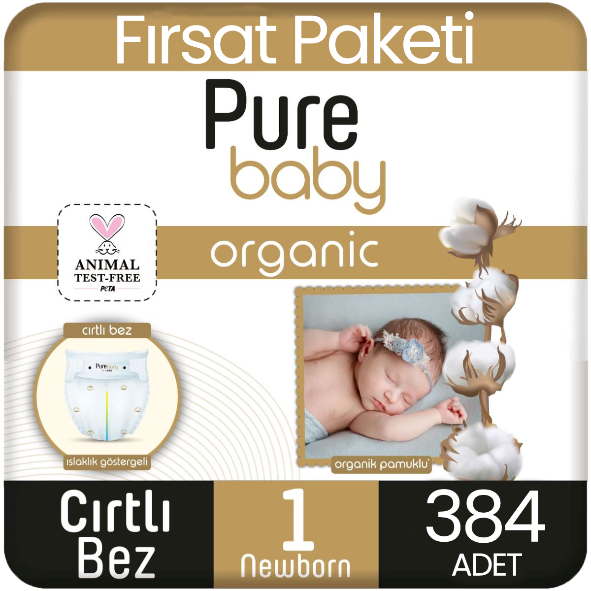 Pure Baby Organik Pamuklu Bebek Bezi 1 Beden Yenidogan 64*6 384 Adet