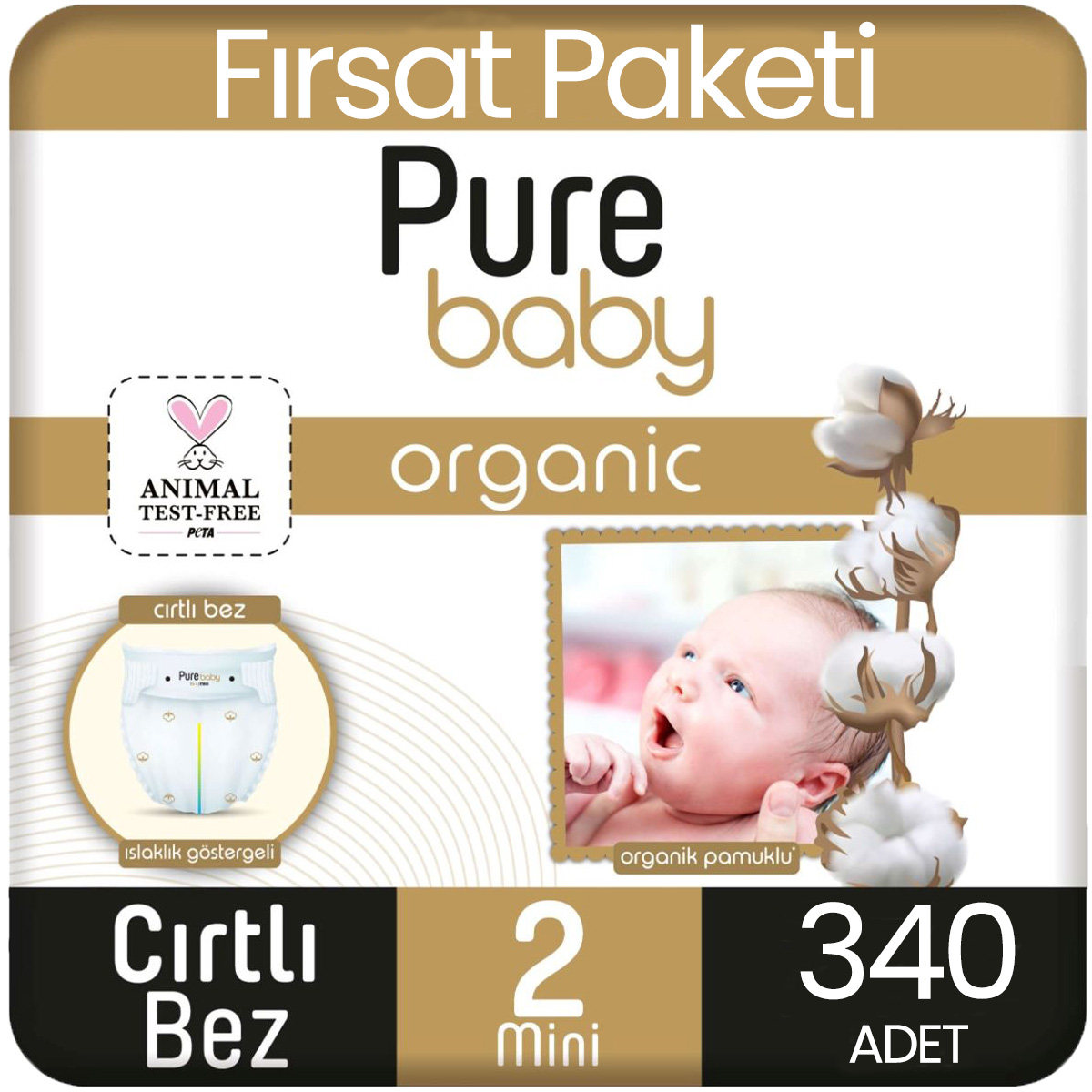 Pure Baby Organik Pamuklu Bebek Bezi 2 Beden 68*5 340 Adet