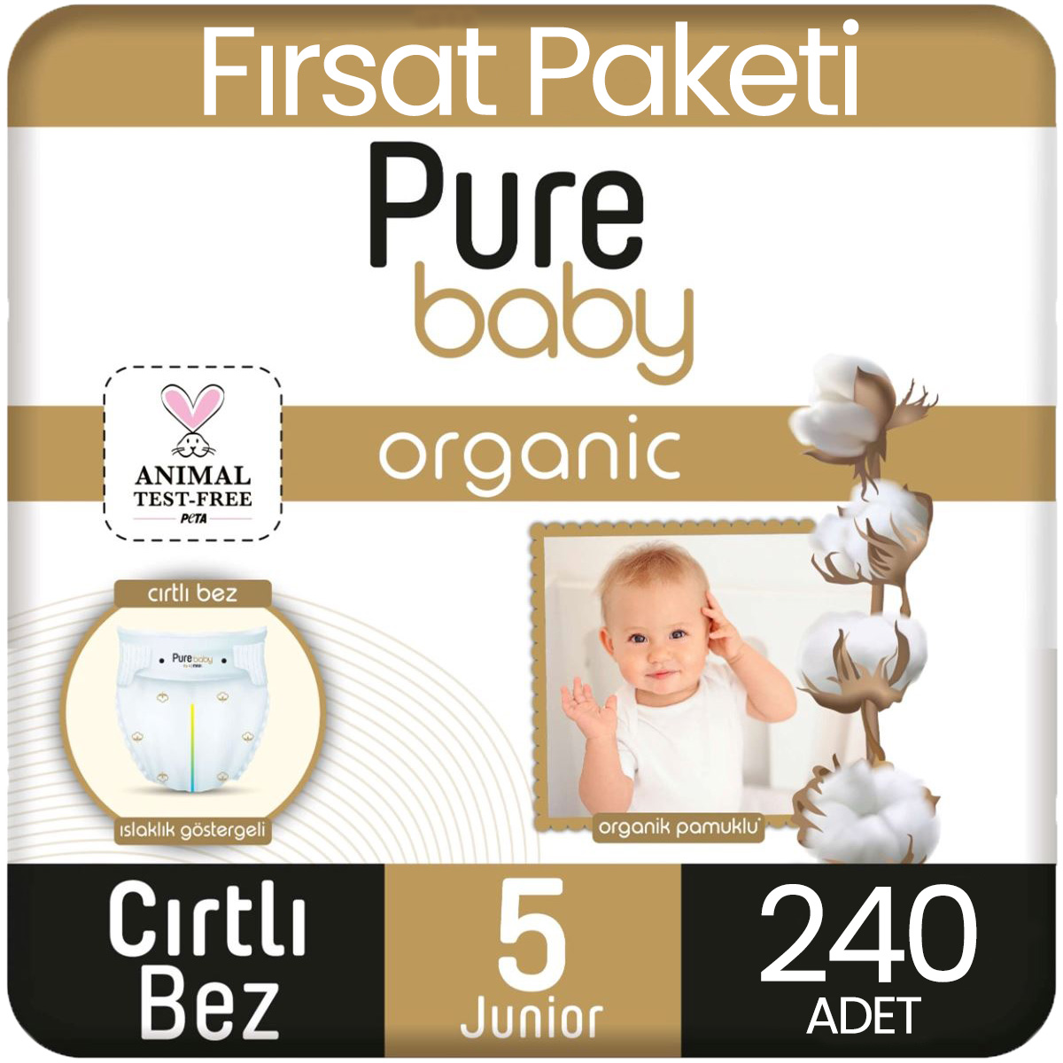 Pure Baby Organik Pamuklu Bebek Bezi 5 Beden 40*6 240 Adet