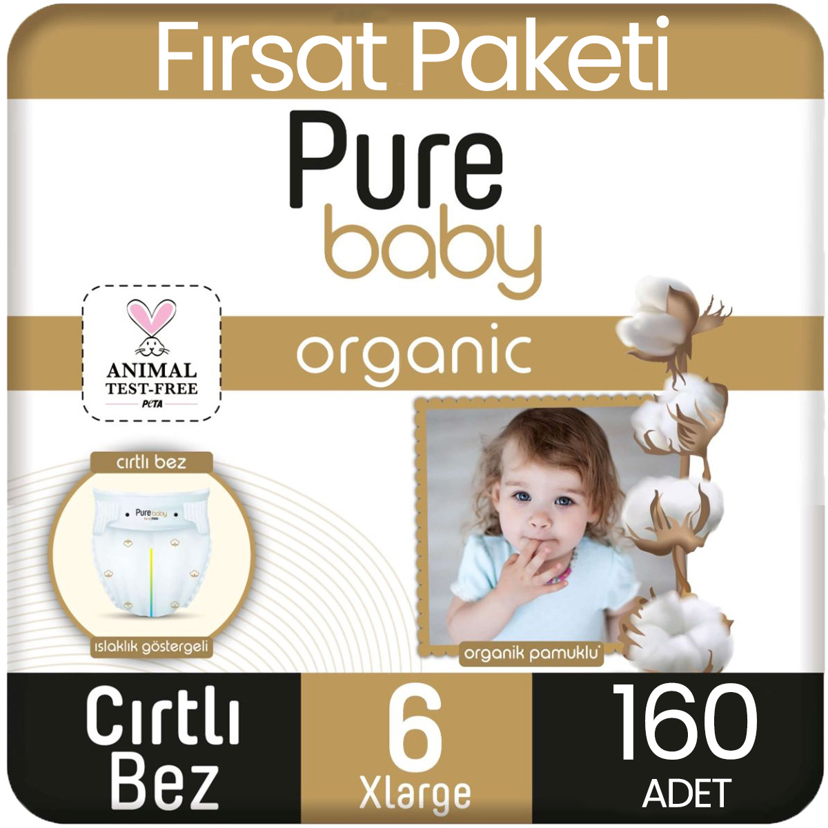 Pure Baby Organik Pamuklu Bebek Bezi 6 Beden 32*5 160 Adet