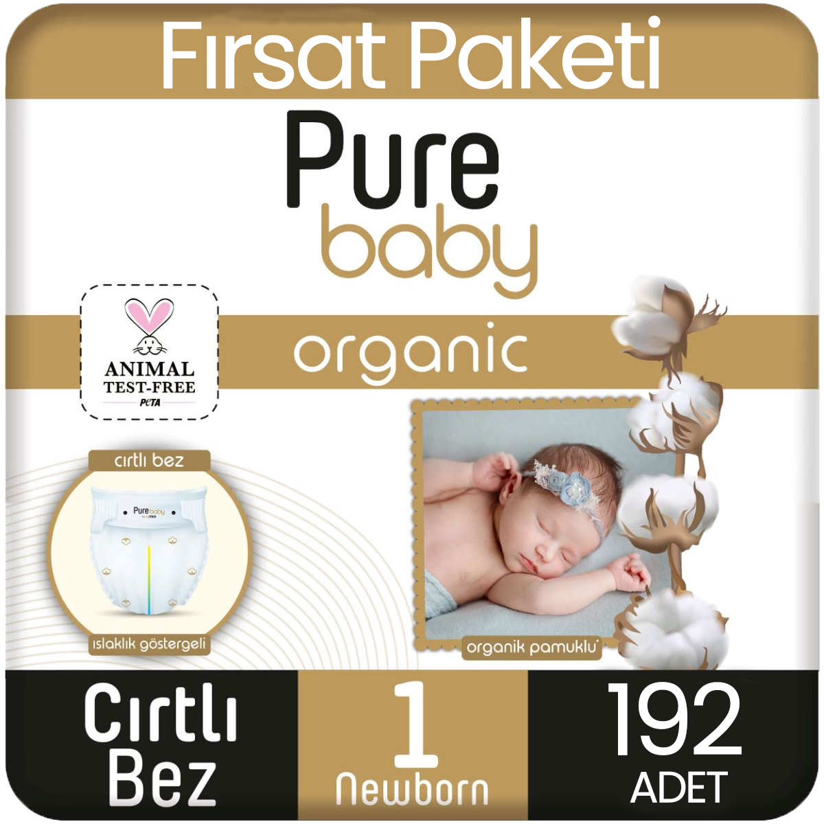 Pure Baby Organik Pamuklu Bebek Bezi 1 Beden Yenidogan 64*3 192 Adet