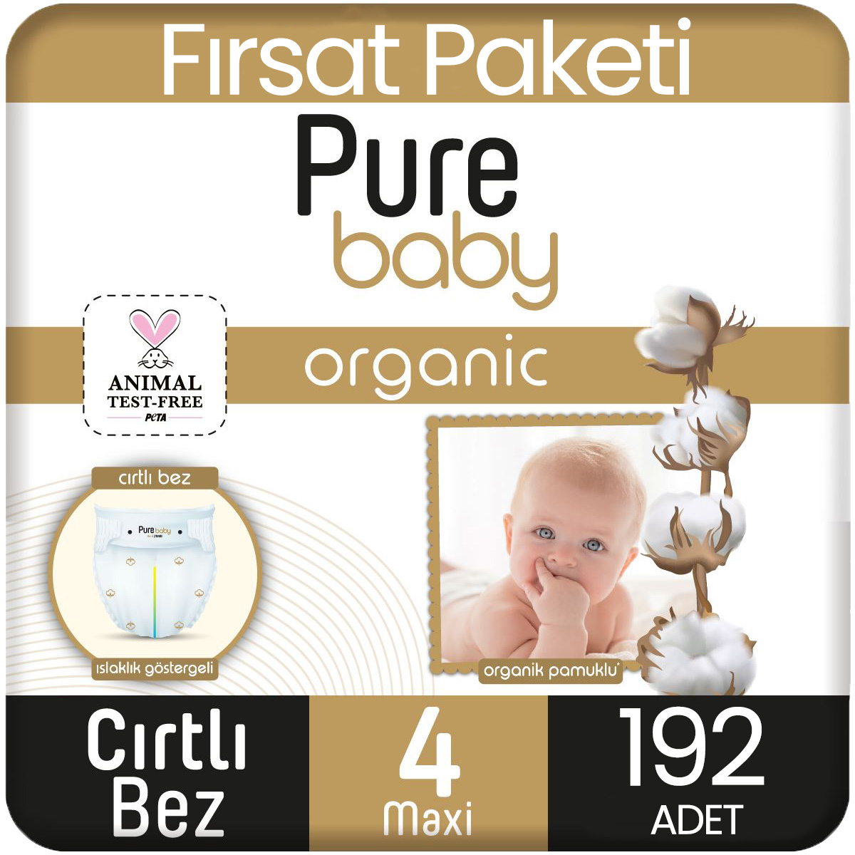 Pure Baby Organik Pamuklu Bebek Bezi 4 Beden 48*4 192 Adet