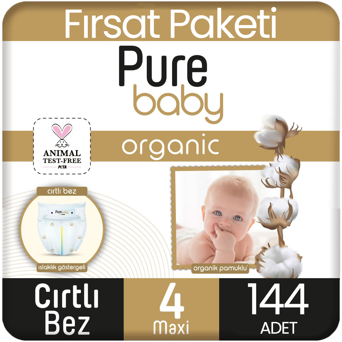 Pure Baby Organik Pamuklu Bebek Bezi 4 Beden 48*3 144 Adet