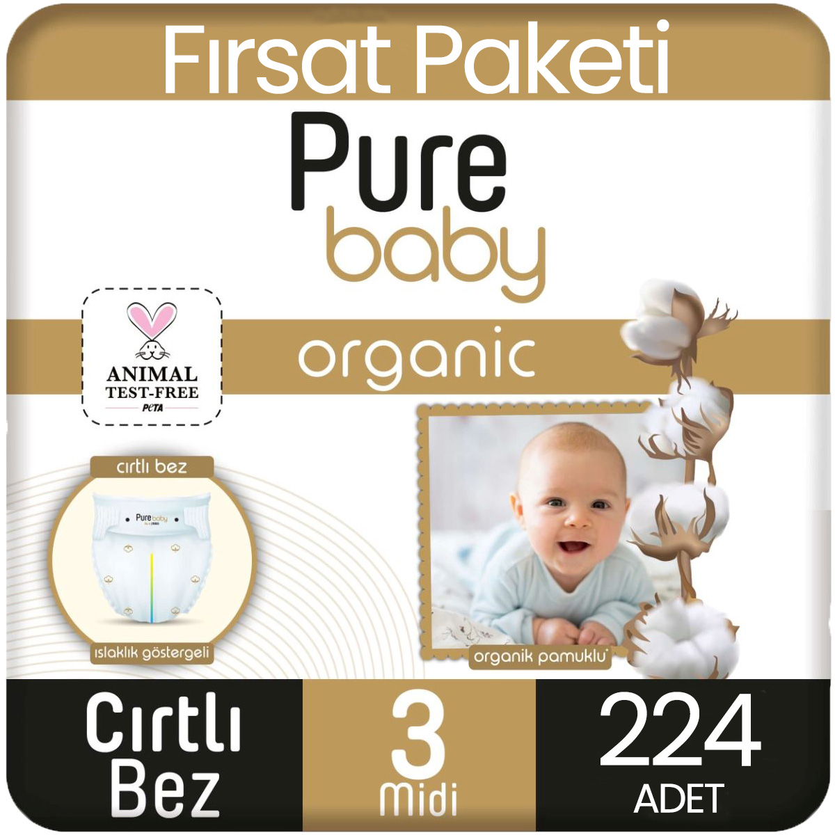 Pure Baby Organik Pamuklu Bebek Bezi 3 Beden 56*4 224 Adet