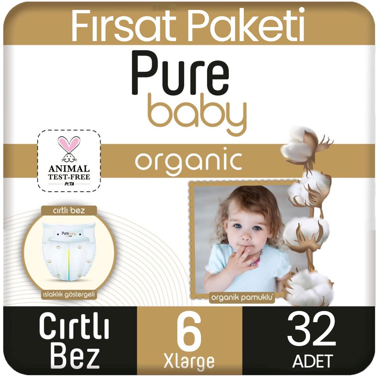 Pure Baby Organik Pamuklu Bebek Bezi 6 Beden 32 Adet