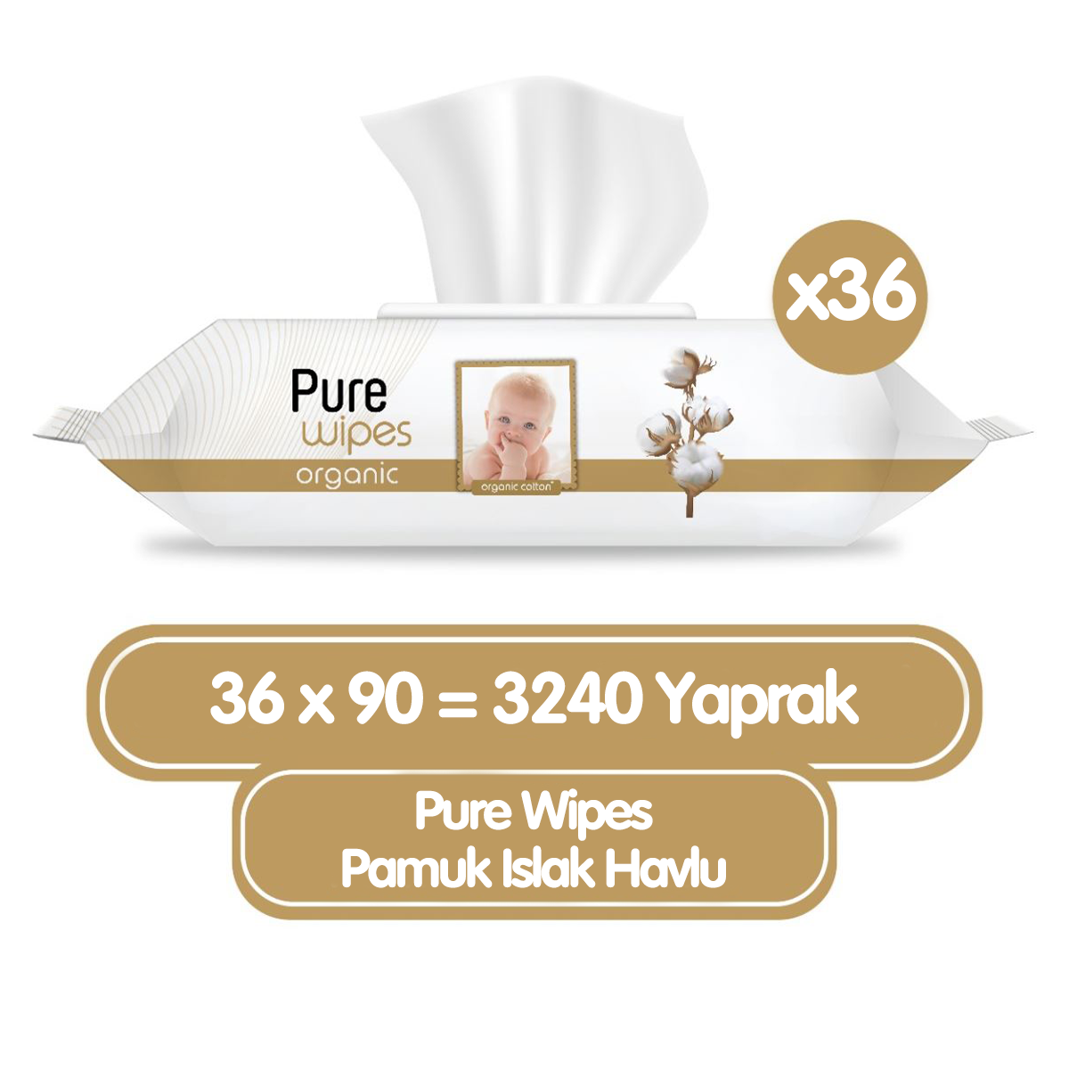Pure Baby Organik Islak Havlu Mendil 90x36 3240 Yaprak