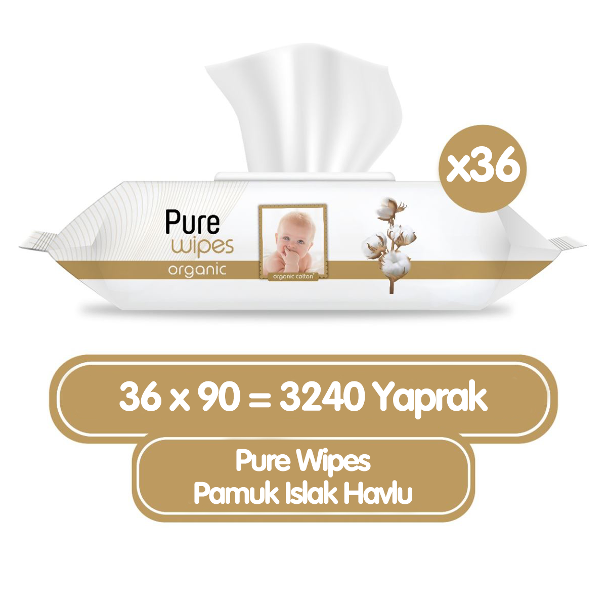 Pure Wipes Organik Islak Havlu Mendil 90x36 3240 Yaprak