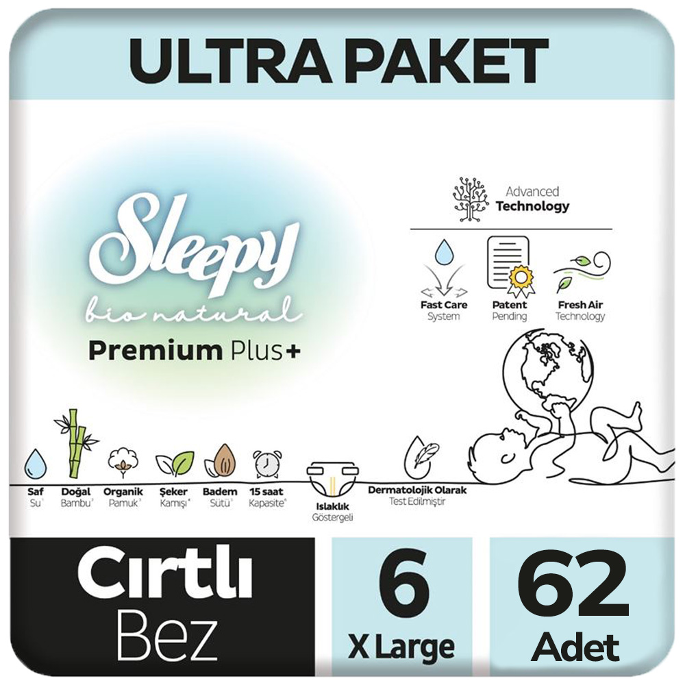 Sleepy 6 Beden Bio Natural Bebek Bezi Ultra Paket 62 Adet