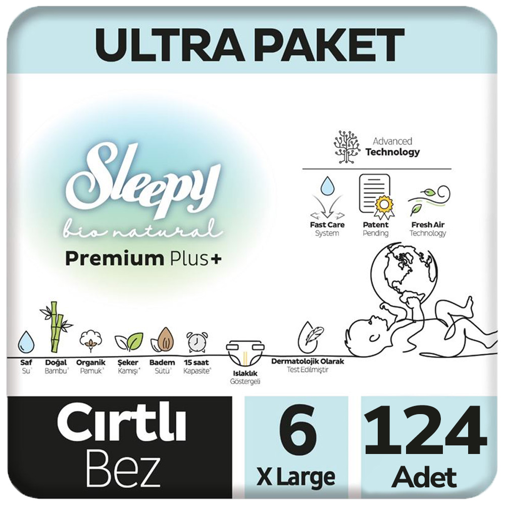 Sleepy 6 Beden Bio Natural Bebek Bezi Ultra Paket 62x2 124 Adet