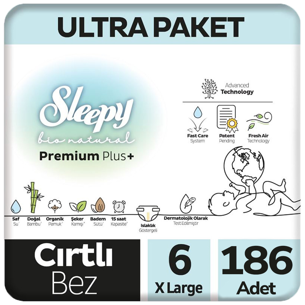Sleepy 6 Beden Bio Natural Bebek Bezi Ultra Paket 62x3 186 Adet