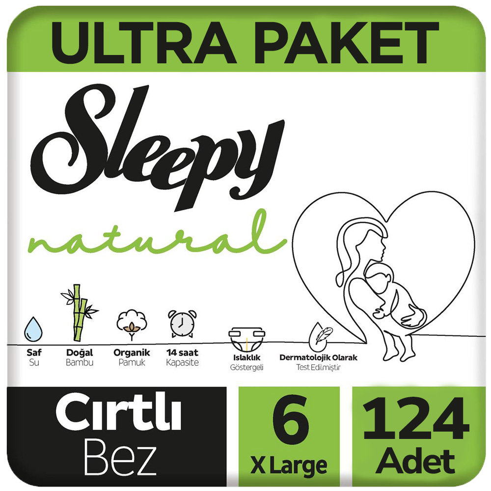 Sleepy 6 Beden Natural Bebek Bezi Ultra Paket 62x2 124 Adet