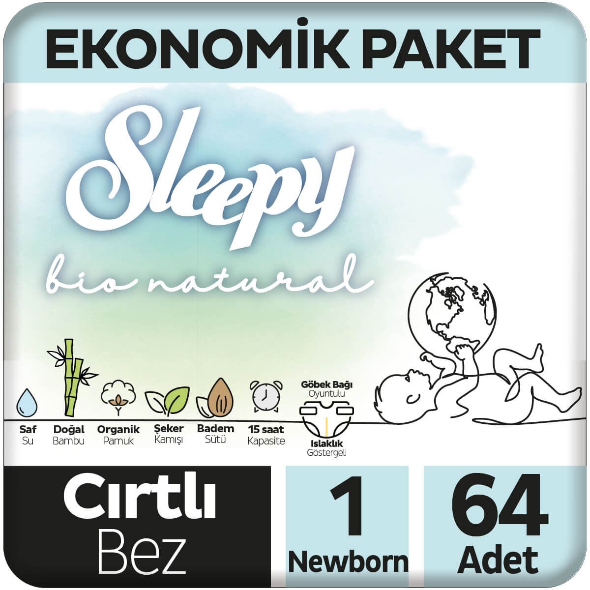 Sleepy Bio Natural Ekonomik Paket Bebek Bezi 1 Beden Yenidoğan 64 Adet