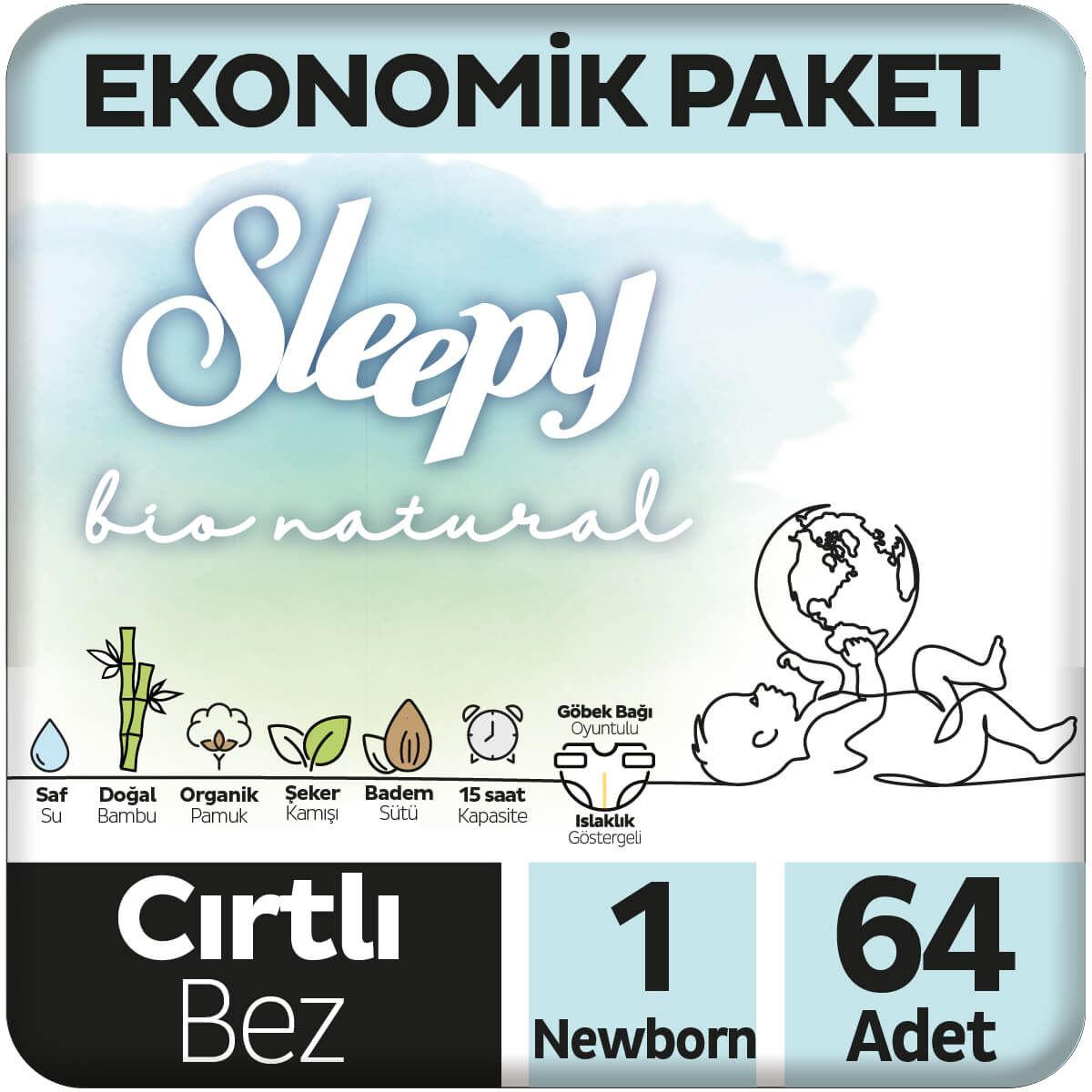 Sleepy Bio Natural Ekonomik Paket Bebek Bezi 1 Beden Yenidoğan 3x64 192 Adet